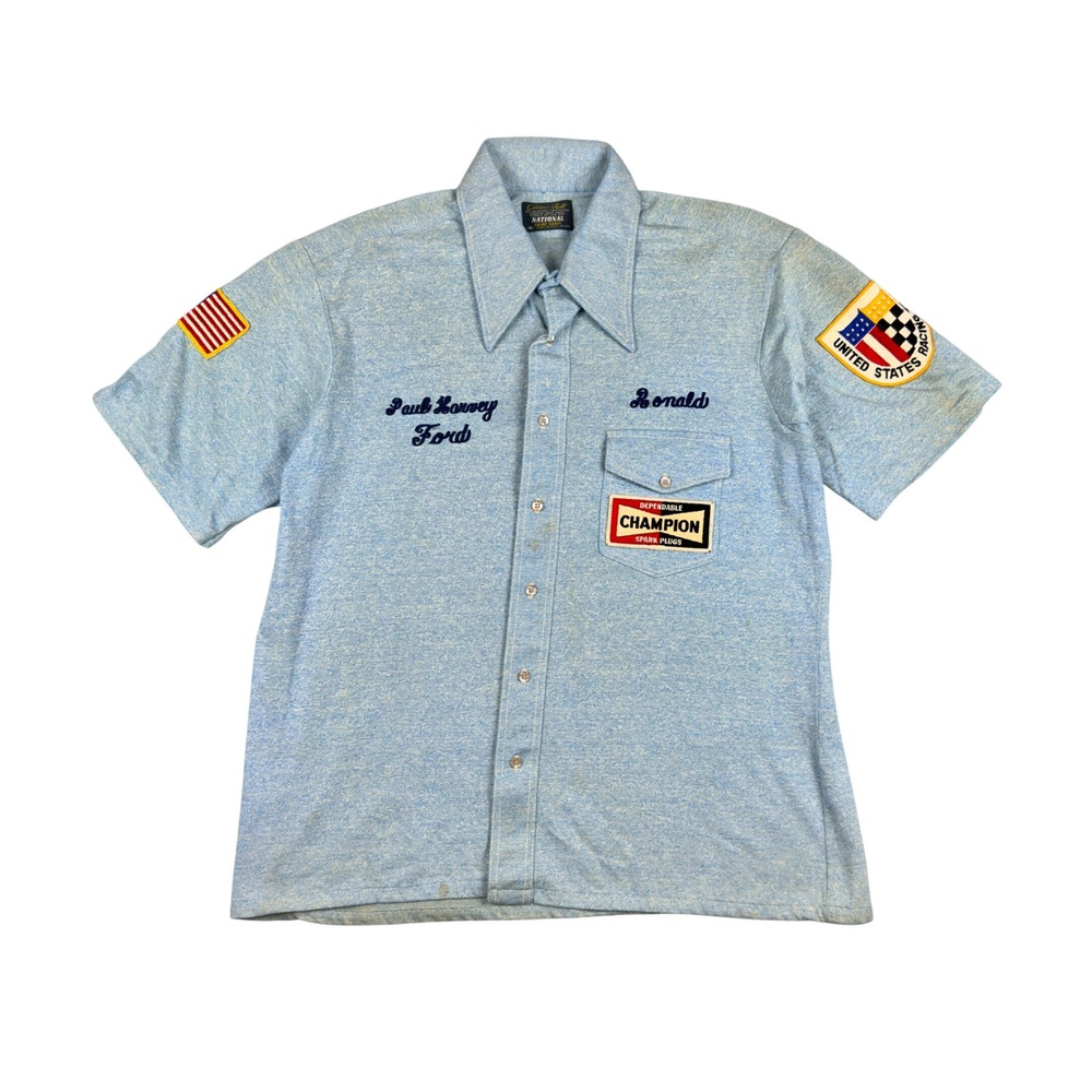 Vtg 70s Ford Racing Mechanic Shirt XL Fits L Champion Spark Plugs Patches USA